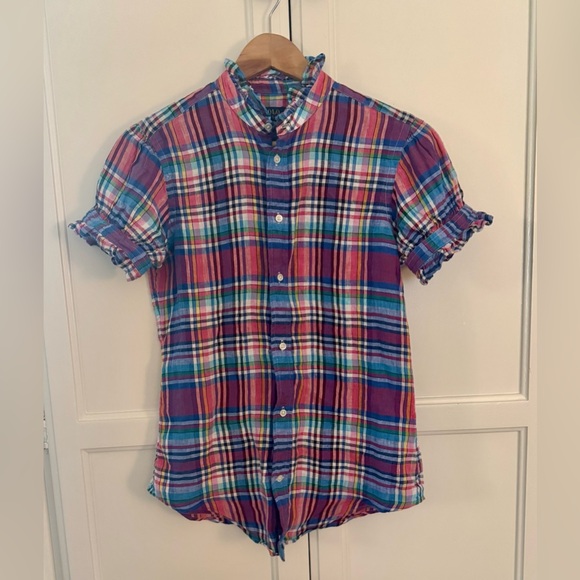 Polo by Ralph Lauren Ruffle-Trim Plaid Linen Shirt - Picture 6 of 8